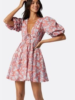 Joie Rose-Red Floral Tie-Front Puff Sleeve Mini Dress